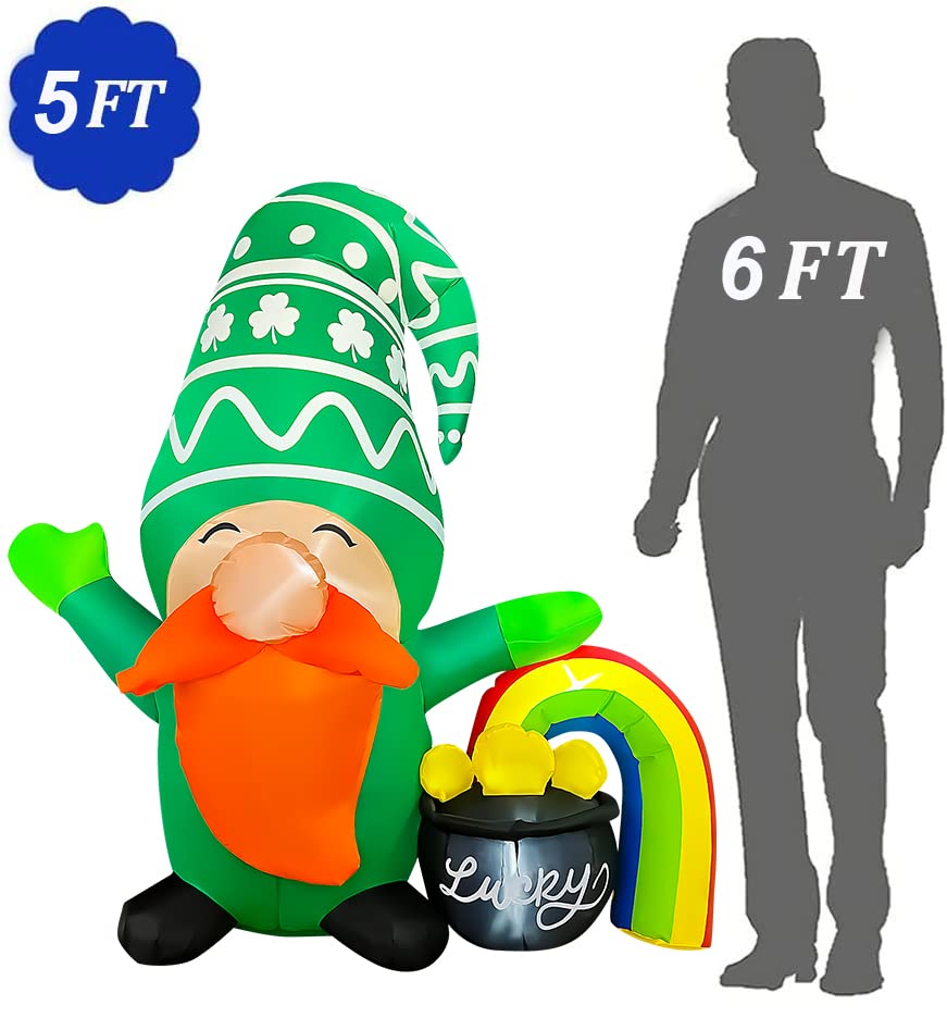 JOYEASE 5Ft Inflatable St Patricks Day Gnome with Rainbow Pot of Gold Decoration, LED Light Up Blow up Gnome for Home Yard Lawn Garden Indoor Outdoor Party Holiday Decor