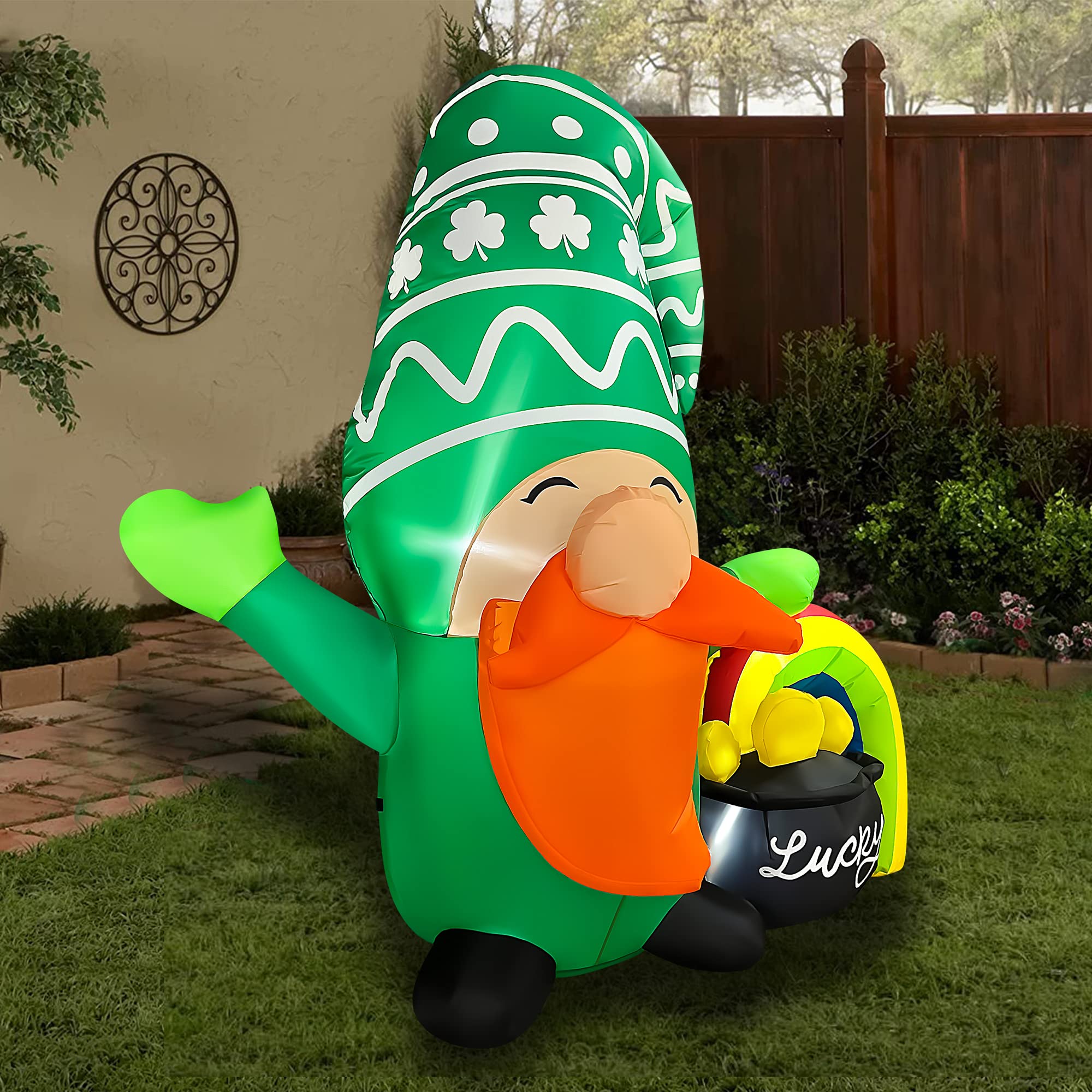 JOYEASE 5Ft Inflatable St Patricks Day Gnome with Rainbow Pot of Gold Decoration, LED Light Up Blow up Gnome for Home Yard Lawn Garden Indoor Outdoor Party Holiday Decor