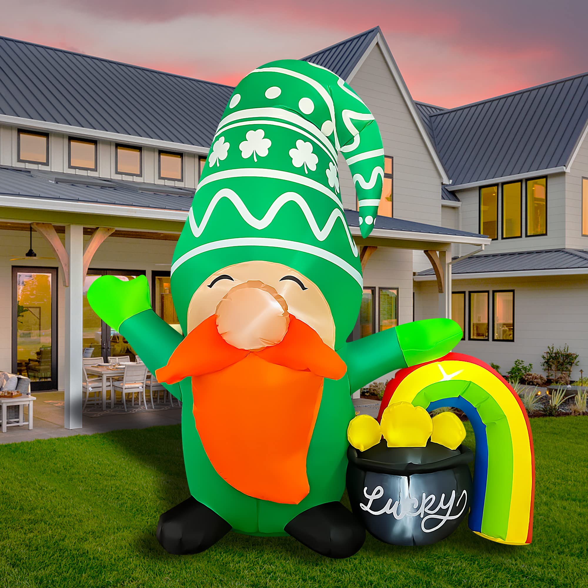 JOYEASE 5Ft Inflatable St Patricks Day Gnome with Rainbow Pot of Gold Decoration, LED Light Up Blow up Gnome for Home Yard Lawn Garden Indoor Outdoor Party Holiday Decor
