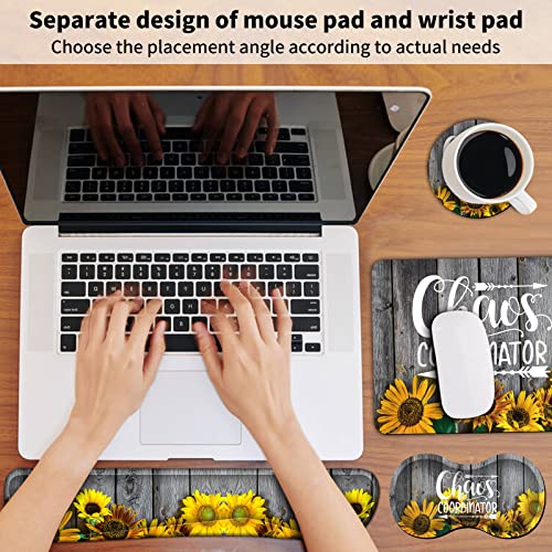 Keyboard Wrist Rest + Mouse Pad + Mouse Wrist Rest Support + Coaster Set, Ergonomic Memory Foam Mouse and Keyboard Pad Set for Laptop Computer Office Home Working Gaming,Sunflower Chaos Coordinator