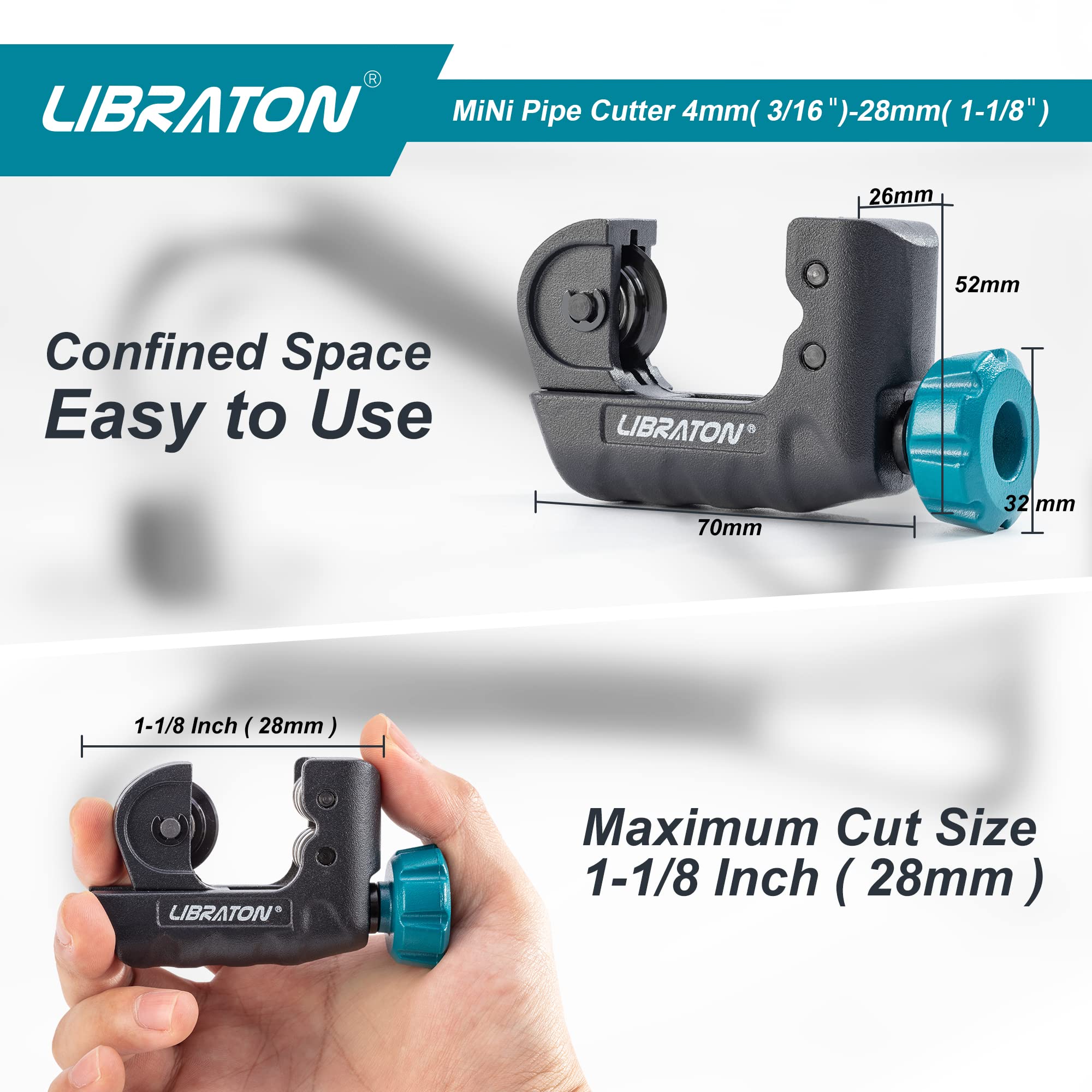 Libraton Tubing Cutter 3/16" to 1-1/8", Mini Tube Cutter, Copper Cutter, Heavy Duty Mini Pipe Cutter, Copper Tube Cutter with Deburring Tool for Copper Pipe, Aluminum Pipe, Thin Stainless Steel Pipe