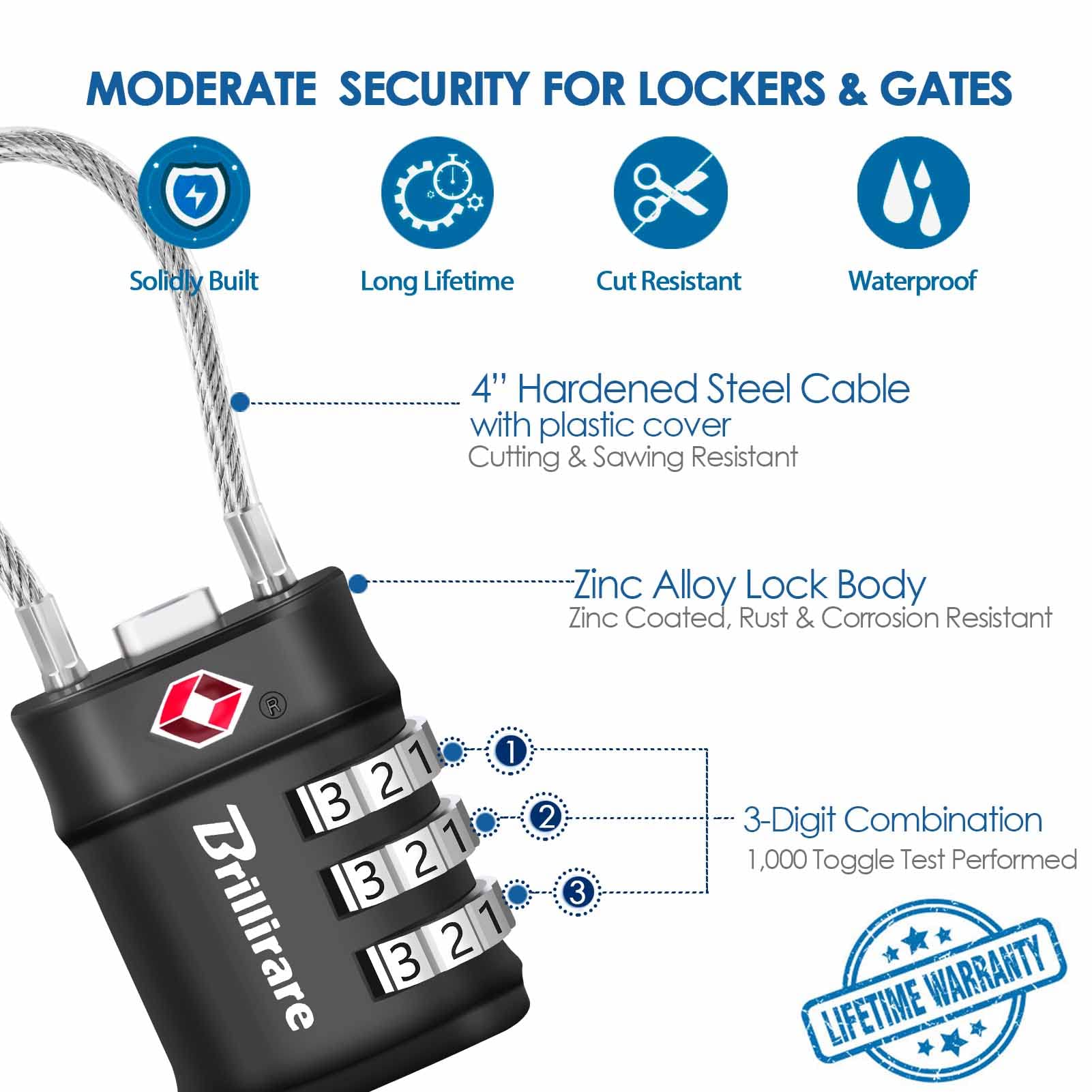 2 Pack TSA Approved Luggage Locks, Combination Travel Cable Lock, 3-Digit Waterproof Padlock, Zinc Alloy Outdoor Keyless Resettable Lock for Travel, Lockers, Bags, Backpack, Gym, Gate-by BRILLIRARE