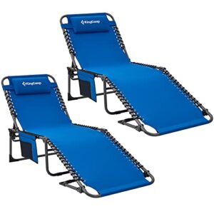 kingcamp set of 2 folding lounge chair - adjustable 5 positions chaise lounge chair for beach, sunbathing, patio, pool, lawn, deck - lay flat lounge chair for outdoor/indoor with pillow, blue