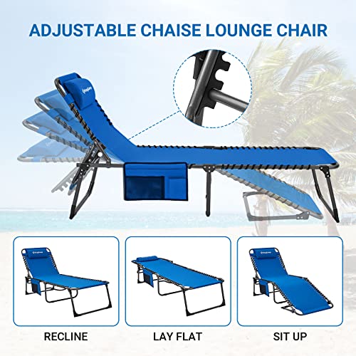 KingCamp Set of 2 Folding Lounge Chair - Adjustable 5 Positions Chaise Lounge Chair for Beach, Sunbathing, Patio, Pool, Lawn, Deck - Lay Flat Lounge Chair for Outdoor/Indoor with Pillow, Blue
