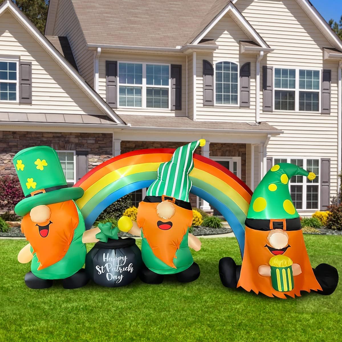 BLOWOUT FUN 8ft Inflatable St. Patrick's Day 3 Gnomes with Rainbow Decoration, LED Blow Up Lighted for Indoor Outdoor Holiday Art Decor Clearance