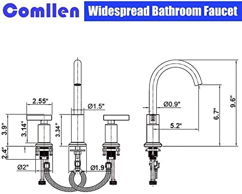 Comllen 3 Hole Widespread Brushed Nickel Bathroom Faucet, Modern 2 Handle Bathroom Faucet for Sink 8 Inch Laundry Basin Vanity Faucet with Pop-up Drain and Water Supply Lines