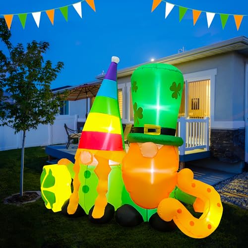 BLOWOUT FUN 4ft Inflatable St. Patrick's Day Twin Gnomes with Shamrock and Lucky Horseshoe Decoration, LED Blow Up Lighted Decor Indoor Outdoor Holiday Art Decor Decorations Clearance