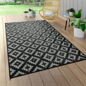 aoleba reversible outdoor rug mat, plastic straw patio area, black and gray plaid, 5'x8' for camping rv picnic beach backyard deck trailer