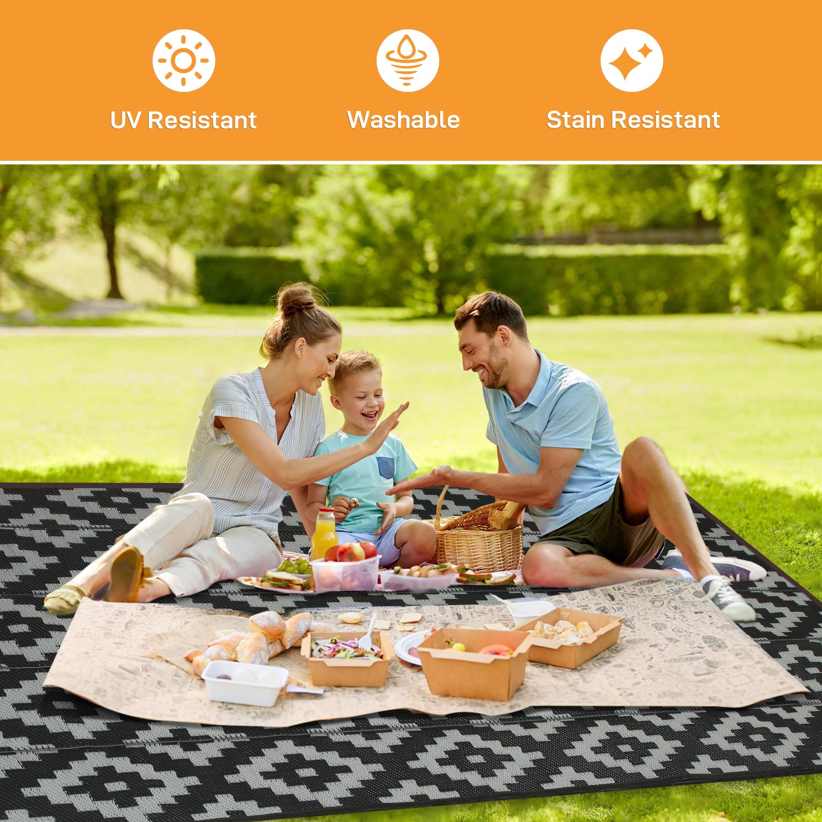 AOLEBA Reversible Outdoor Rug Mat, Plastic Straw Patio Area, Black and Gray Plaid, 5'x8' for Camping RV Picnic Beach Backyard Deck Trailer