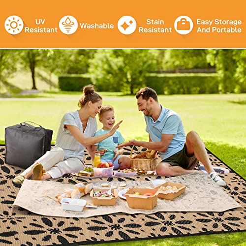 AOLEBA Reversible Outdoor Plastic Straw Rug Mat, 5'x8' Black and Beige Flower Area Rugs for Outdoor, Camping, RV, Patio, Picnic, Beach, Backyard, Deck, Trailer