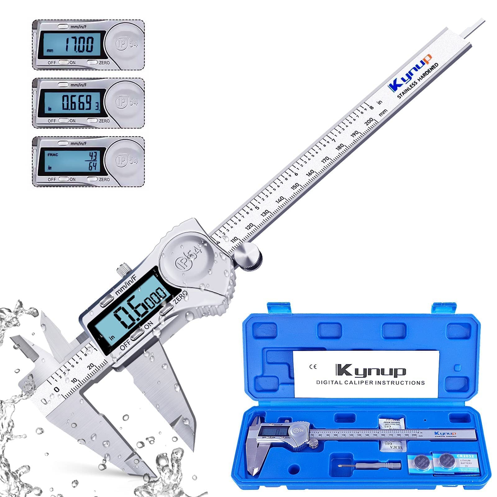 Kynup Caliper, Digital Caliper, Caliper Measuring Tool with Stainless Steel, Easy Switch from Inch Metric Fraction, Large LCD Screen, IP54 Waterproof Protection Design