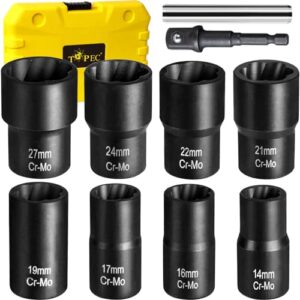 topec bolt extractor set, 10 piece lug nut remover socket tool, 1/2" drive impact wheel lock removal kit for removing damaged, dead, rusted, rounded-off bolts, lug nuts & screws