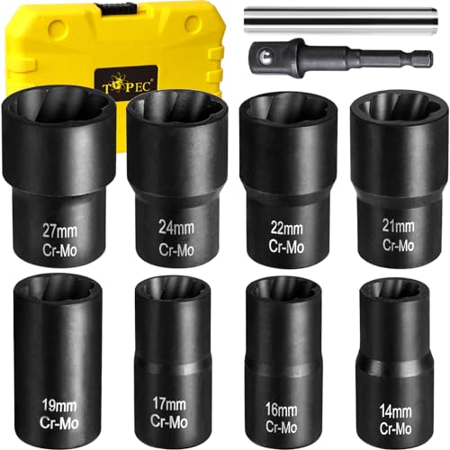 TOPEC Bolt Extractor Set, 10 Piece Lug Nut Remover Socket Tool, 1/2" Drive Impact Wheel Lock Removal Kit for Removing Damaged, Dead, Rusted, Rounded-Off Bolts, Lug Nuts & Screws