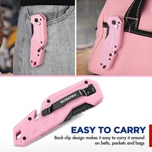 WORKPRO Folding Utility Knife, Quick Change Box Cutter, Pink Razor Knife for Cartons, Cardboard, Boxes, 10 Extra Blades Included - Pink Ribbon