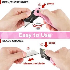 WORKPRO Folding Utility Knife, Quick Change Box Cutter, Pink Razor Knife for Cartons, Cardboard, Boxes, 10 Extra Blades Included - Pink Ribbon