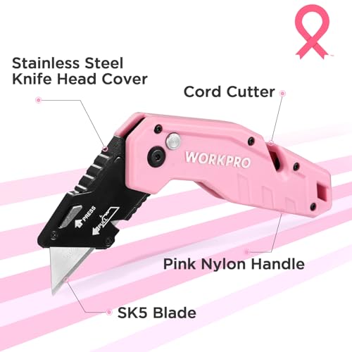 WORKPRO Folding Utility Knife, Quick Change Box Cutter, Pink Razor Knife for Cartons, Cardboard, Boxes, 10 Extra Blades Included - Pink Ribbon