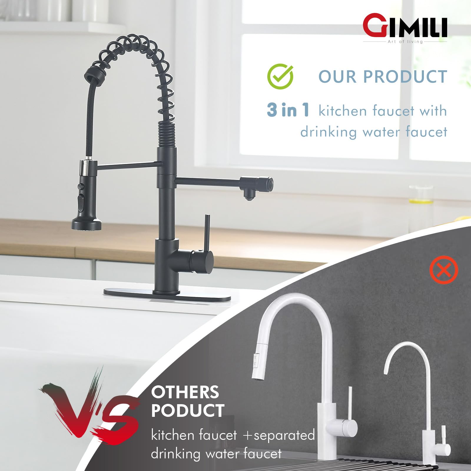 GIMILI Drinking Water Faucet 3 in1 Commercial Style Pull-Down Single Handle Filter Kitchen Faucet for Water Filtration System, Matte Black(Without Water Filtration Device)