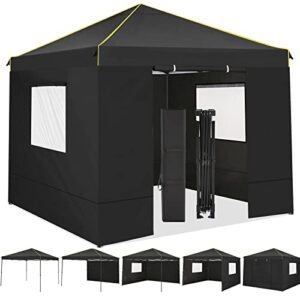 10x10 pop up canopy tent with 4 removable sidewalls, waterproof commercial instant gazebo outdoor tents for party/exhibition/picnic with carry bag,4 stakes & ropes (black)