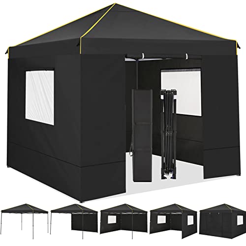 10x10 Pop Up Canopy Tent with 4 Removable Sidewalls, Waterproof Commercial Instant Gazebo Outdoor Tents for Party/Exhibition/Picnic with Carry Bag,4 Stakes & Ropes (Black)