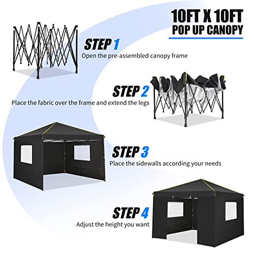 10x10 Pop Up Canopy Tent with 4 Removable Sidewalls, Waterproof Commercial Instant Gazebo Outdoor Tents for Party/Exhibition/Picnic with Carry Bag,4 Stakes & Ropes (Black)