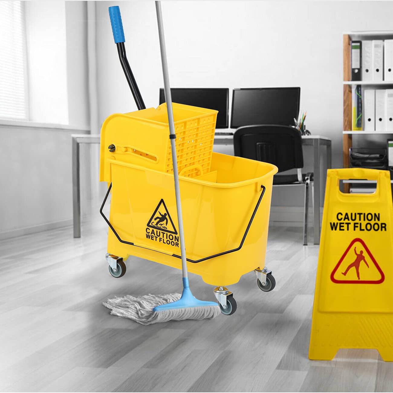 XinYun Mop Bucket with Wringer, Commercial Industrial Side-Press Wringer Combo on Wheels, Household Portable Bucket, 5 Gallon 21Qt, Heavy-Duty Wringe, Yellow 1