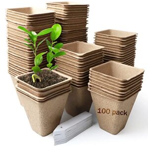 ehwine peat pots, 100 pack 3.15 inch square seed starter tray seedling pots organic peat pots for seedlings seed starter pots kit seedling trays, bonus 100 pcs plant labels