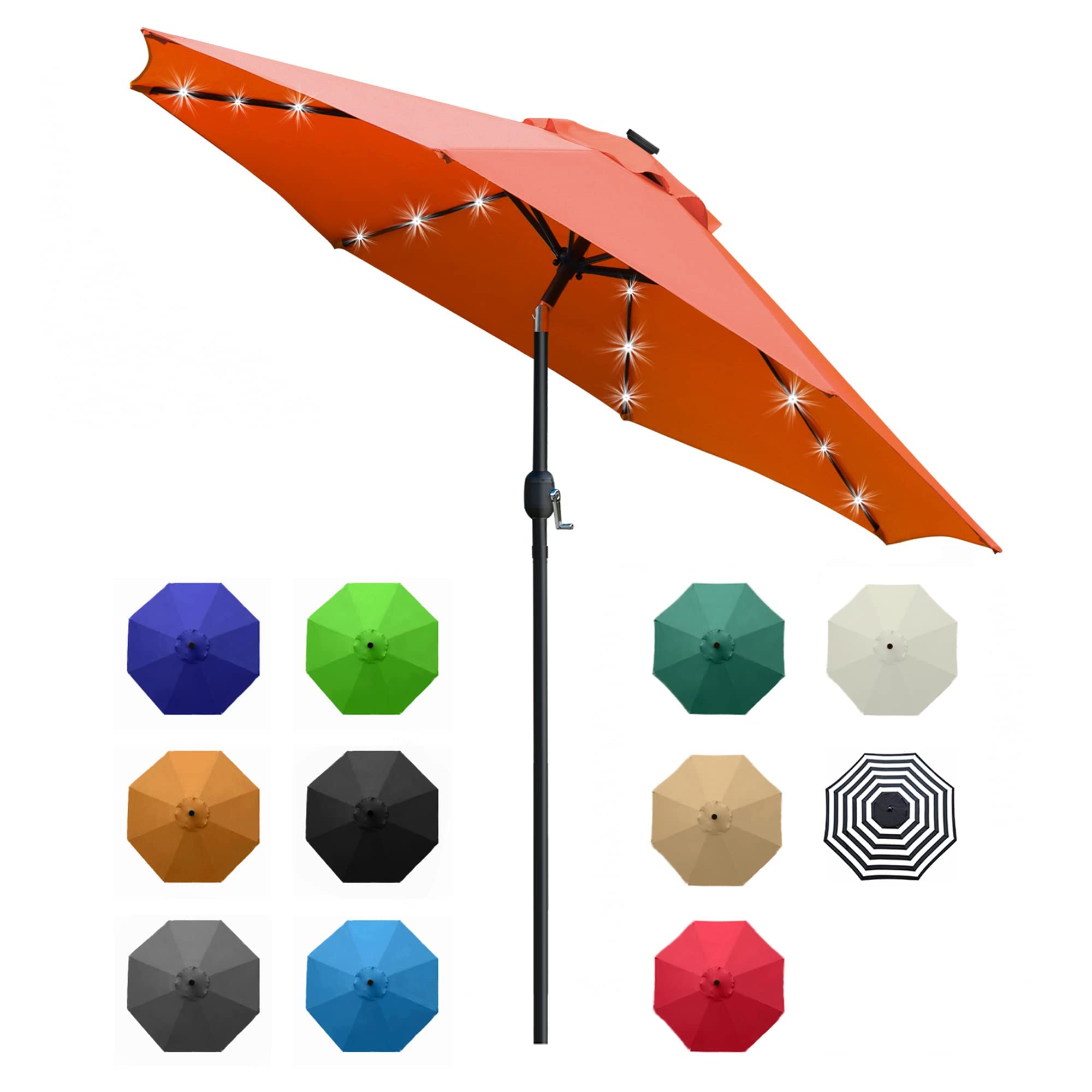 Sunnyglade 9' Solar LED Lighted Patio Umbrella with 8 Ribs/Tilt Adjustment and Crank Lift System (Orange)