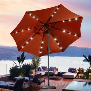 Sunnyglade 9' Solar LED Lighted Patio Umbrella with 8 Ribs/Tilt Adjustment and Crank Lift System (Orange)