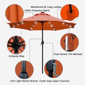 Sunnyglade 9' Solar LED Lighted Patio Umbrella with 8 Ribs/Tilt Adjustment and Crank Lift System (Orange)