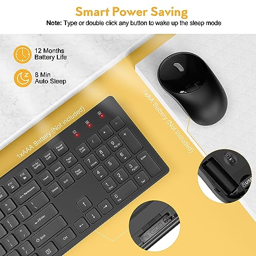 Wireless Keyboard and Mouse, Trueque Silent 2.4GHz Cordless Full Size USB Mouse Combo, Long Battery Life, Lag-Free for Computer, Laptop, PC, Windows, Mac, Chrome OS (Black)