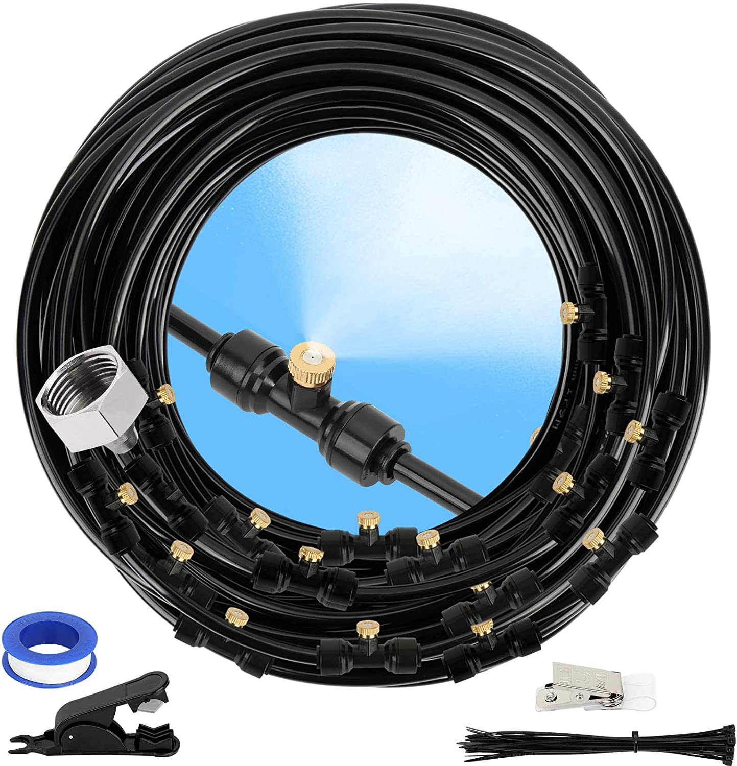 GMAULEE Misting Cooling System, DIY 33 FT(10M) Misting Line +10 Brass Mist Nozzles+ a Brass Connector(3/4'') Outdoor Mister System for Patio Waterpark Garden Trampoline Greenhouse