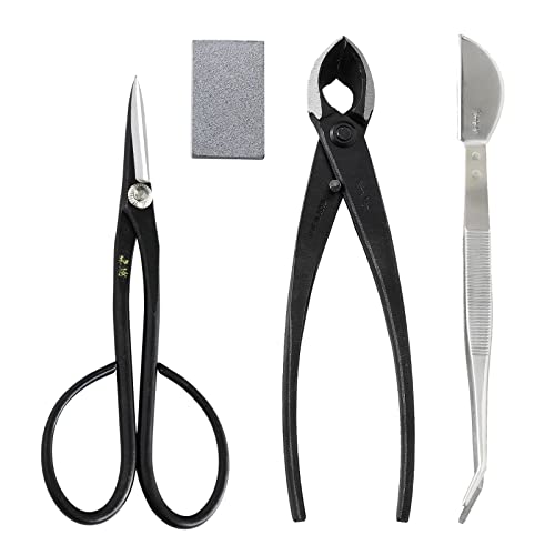 Wazakura 4PCS Bonsai Essential Tool Kit Made in Japan, Yasugi Steel Satsuki Bonsai Scissors + Concave Branch Cutter 8in (200mm) + Stainless Tweezers + Sap Eraser Set