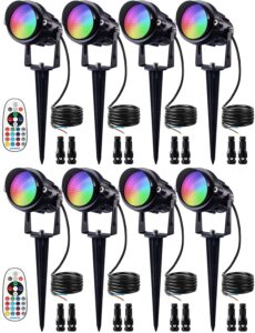 sunvie 12w rgb color changing landscape lights low voltage led landscape lighting remote control spotlight waterproof garden pathway christmas decorative lights outdoor indoor, 8 pack with connector