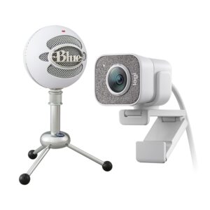 logitech for creators streamcam premium webcam, full hd 1080p 60 fps, premium glass lens, smart auto-focus, white and blue snowball usb microphone – textured white