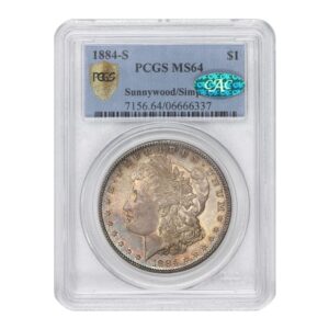 mint state gold 1884 s american silver morgan dollar ms-64 sunnywood/simpson by coinfolio $1 pcgs ms64