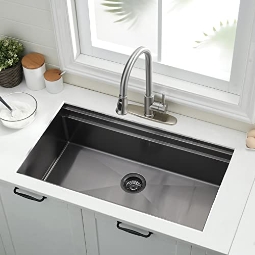 33 Inch Undermount Kitchen Sink double ledges Workstation Black -VOKIM 33 Inch Stainless Steel Undermount Kitchen Sink Workstation Utility Sink 16 Gauge Single Bowl Kithchen Sink