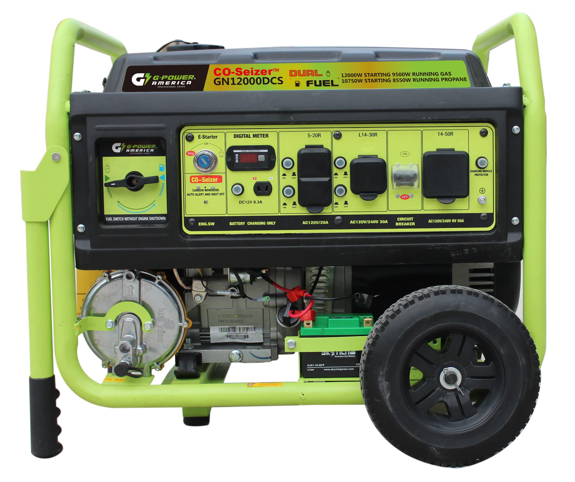 Green-Power America 12000 Watt Dual Fuel Portable Generator,Gas or Propane Powered,Recoil Start, Equipped with CO-Seizer CO Protection System,49 State Approved