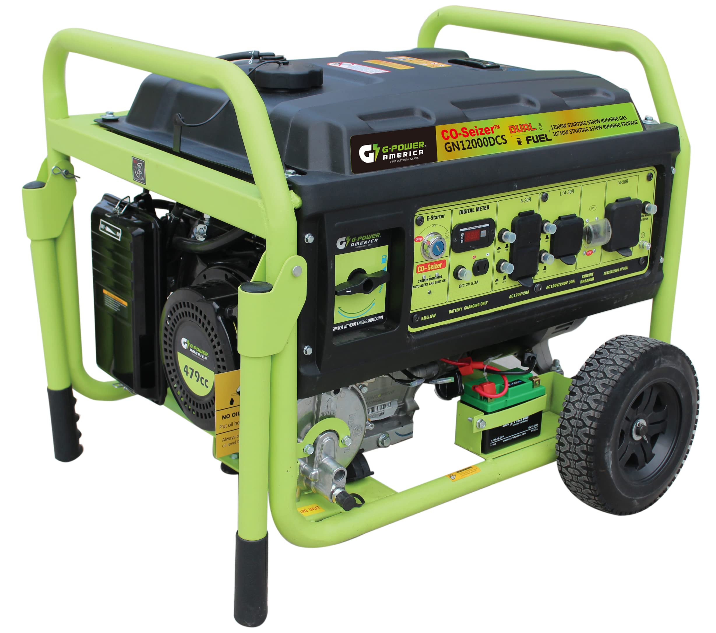 Green-Power America 12000 Watt Dual Fuel Portable Generator,Gas or Propane Powered,Recoil Start, Equipped with CO-Seizer CO Protection System,49 State Approved