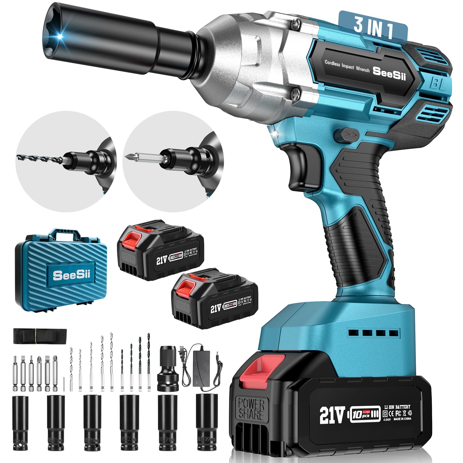 Seesii Brushless Power Impact Wrench, Cordless, 1/2 inch Max High Torque 479 Ft-lbs(650Nm), 3300RPM w/ 2x 4.0 Battery, 6 Sockets,9 Drill,6 Screws for Car Home, WH700