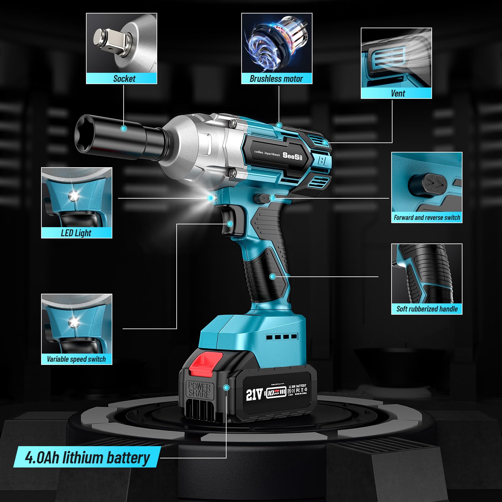 Seesii Brushless Power Impact Wrench, Cordless, 1/2 inch Max High Torque 479 Ft-lbs(650Nm), 3300RPM w/ 2x 4.0 Battery, 6 Sockets,9 Drill,6 Screws for Car Home, WH700