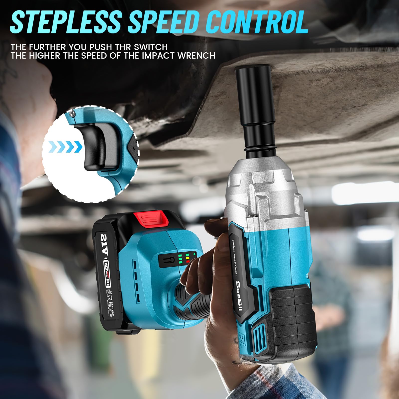 Seesii Brushless Power Impact Wrench, Cordless, 1/2 inch Max High Torque 479 Ft-lbs(650Nm), 3300RPM w/ 2x 4.0 Battery, 6 Sockets,9 Drill,6 Screws for Car Home, WH700