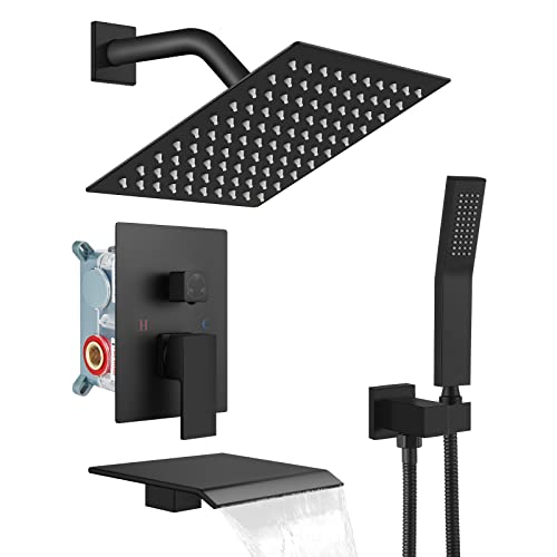 gotonovo Matte Black Shower System Bathroom Shower Faucet Wall Mount 8 Inch Square Rainfall Shower Head 3-Function Waterfall Tub Spout and Hand Held Spray with Rough-in Valve and Shower Trim Included