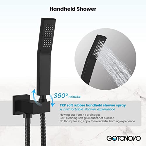 gotonovo Matte Black Shower System Bathroom Shower Faucet Wall Mount 8 Inch Square Rainfall Shower Head 3-Function Waterfall Tub Spout and Hand Held Spray with Rough-in Valve and Shower Trim Included