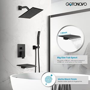 gotonovo Matte Black Shower System Bathroom Shower Faucet Wall Mount 8 Inch Square Rainfall Shower Head 3-Function Waterfall Tub Spout and Hand Held Spray with Rough-in Valve and Shower Trim Included