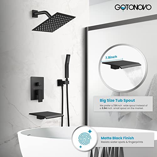 gotonovo Matte Black Shower System Bathroom Shower Faucet Wall Mount 8 Inch Square Rainfall Shower Head 3-Function Waterfall Tub Spout and Hand Held Spray with Rough-in Valve and Shower Trim Included