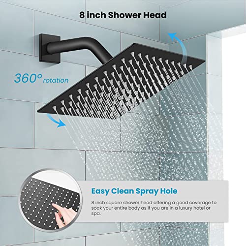 gotonovo Matte Black Shower System Bathroom Shower Faucet Wall Mount 8 Inch Square Rainfall Shower Head 3-Function Waterfall Tub Spout and Hand Held Spray with Rough-in Valve and Shower Trim Included