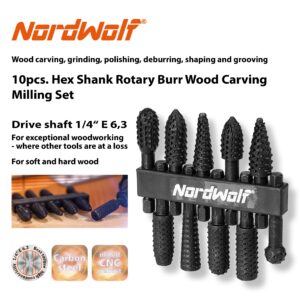 NordWolf 10-Piece Rotary Burr Wood Carving Rasp Files Set, with 1/4" Hex Shank for Wood & Rubber Deburring, Shaping and Grooving