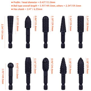 NordWolf 10-Piece Rotary Burr Wood Carving Rasp Files Set, with 1/4" Hex Shank for Wood & Rubber Deburring, Shaping and Grooving