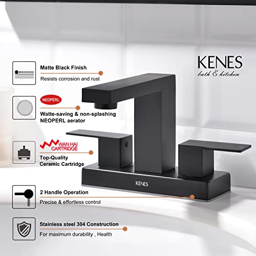 KENES Black 2 Handle Bathroom Sink Faucet Matte Black 4 Inch Centerset Bathroom Faucet Modern Vanity Faucet 3 Holes Lavatory Faucet with Lead-Free Supply Hose, KE-9051-2