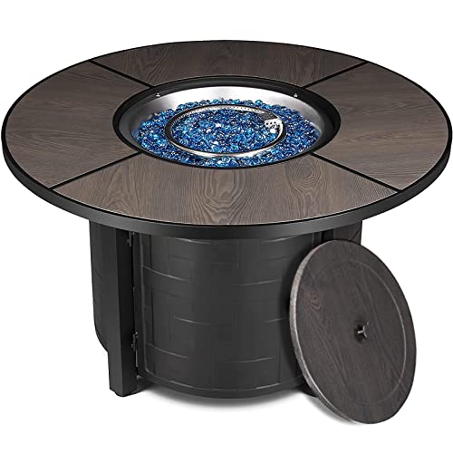 Outdoor Propane Firepit Table, 42Inch, 50,000 BTU Auto-Ignition Rounded Fireplace with Waterproof Table Cover, Lid and Blue Stone, CSA Certification, for Patio and Garden